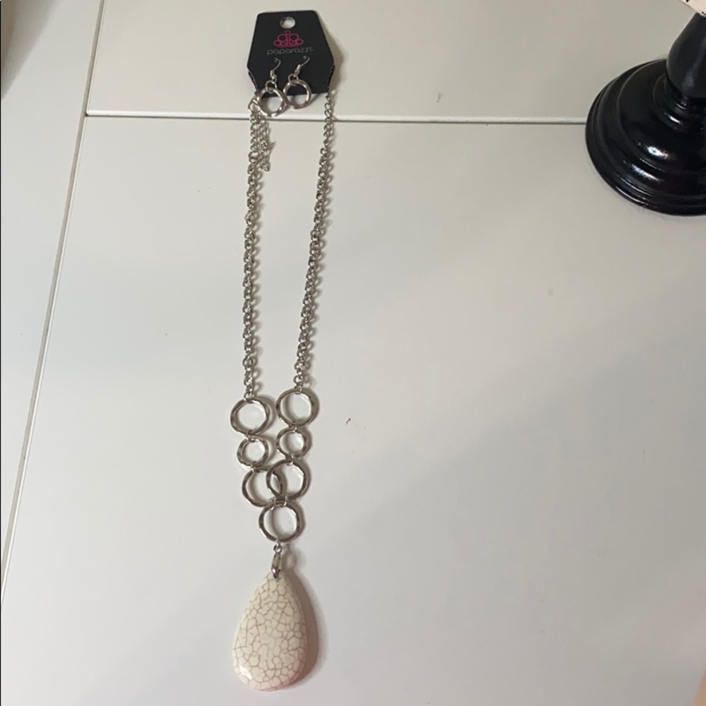 White Crackle Stone & Silver Necklace and Earrings